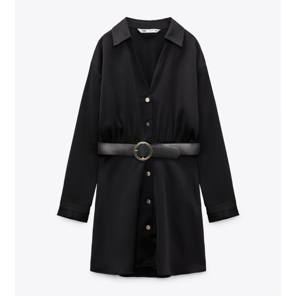 Zara Black Long Sleeve Belted Dress- Midi